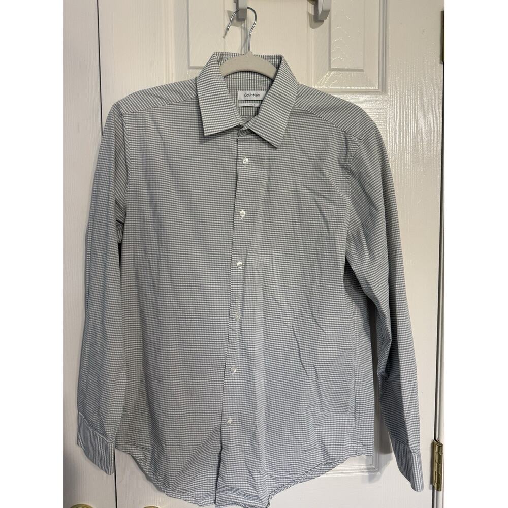 Calvin Klein Slim Fit Shirt Mens M 15.5 32/33 Gray Check Dress Button Up